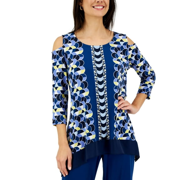 JM Collection Cold Shoulder Layered Look Top Intrepid Blue Combo S
