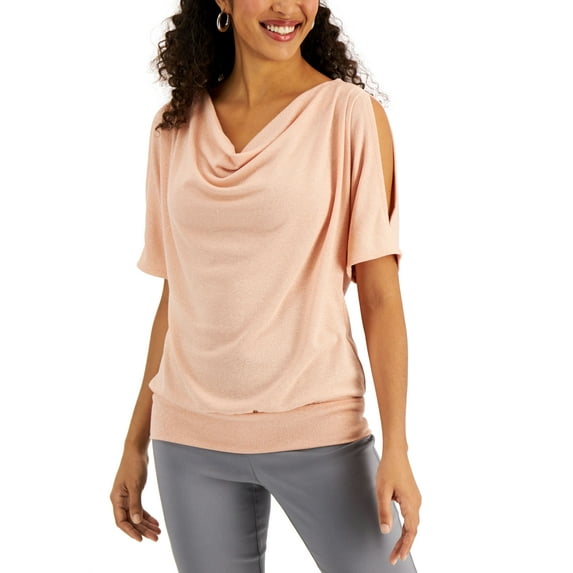 JM Collection Cold Shoulder Metallic Top Peach Pearl M