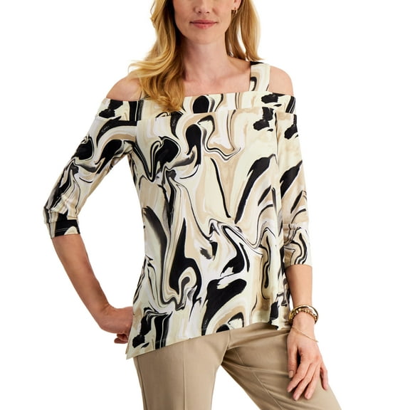 JM Collection Cold Shoulder Printed Top Stone Combo L