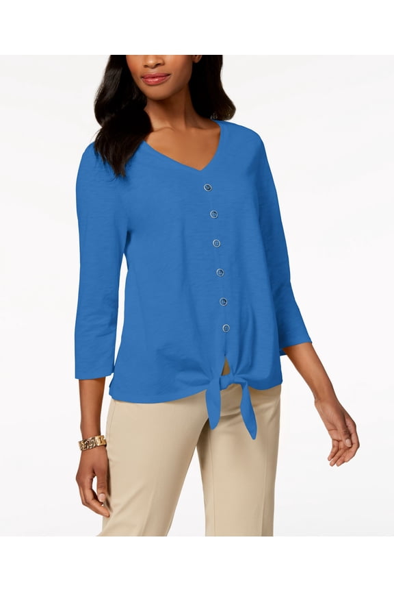 Cotton Tie Front Shirt Beach Blue M