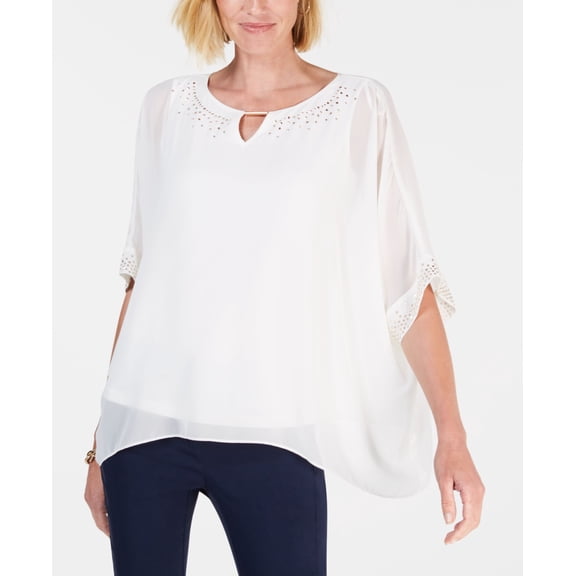 JM Collection Embellished Keyhole Poncho Top Eggshell S