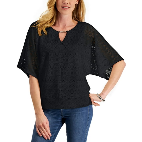 JM Collection Eyelet Poncho Top Deep Black M