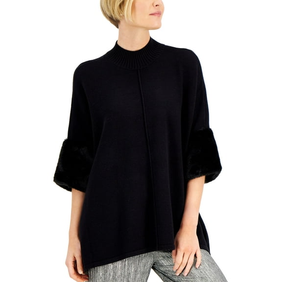 JM Collection Faux Fur Cuff Sweater Deep Black M