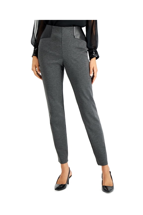 Faux Leather Trim Ponte Knit Pants Charcoal Heather M