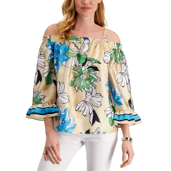 JM Collection Floral Print Cold Shoulder Top Beige Creme Combo XL