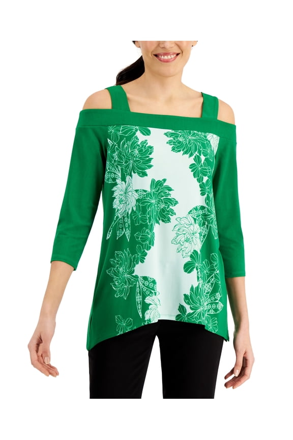 Floral Print Cold Shoulder Top Green Emerald Combo XL
