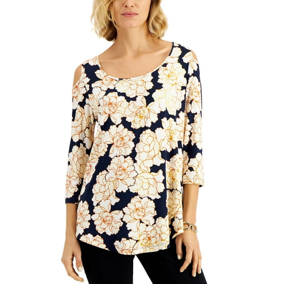 JM Collection Floral Print Cold Shoulder Top Intrepid Blue Combo L
