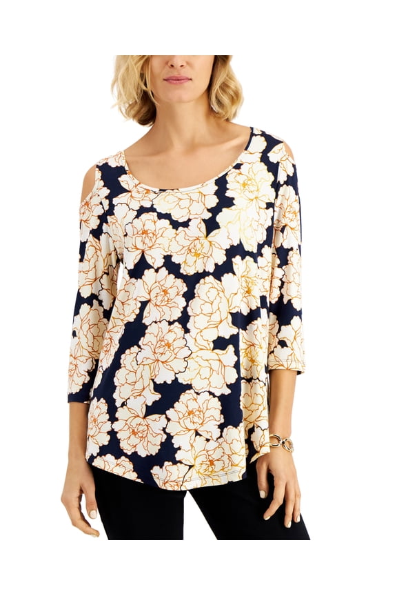 Floral Print Cold Shoulder Top Intrepid Blue Combo L