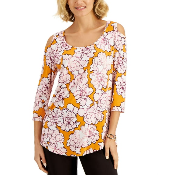 JM Collection Floral Print Cold Shoulder Top Red Violet Combo L