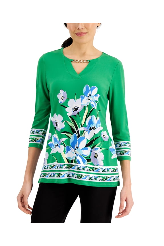 Floral Print Keyhole Top Green Emerald Combo S