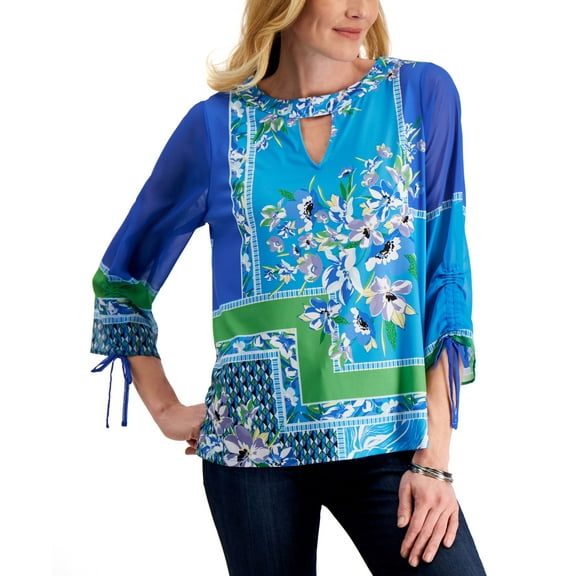 JM Collection Floral Print Keyhole Top Ocean Turquoise Combo M