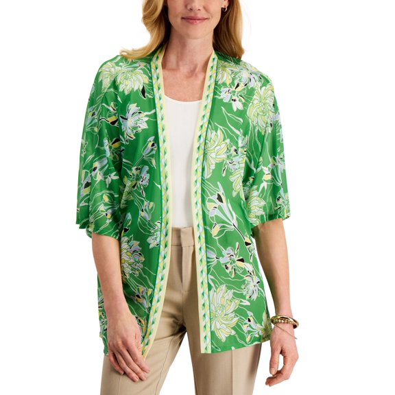 JM Collection Floral-Print Open-Front Cardigan Green Emerald Combo L