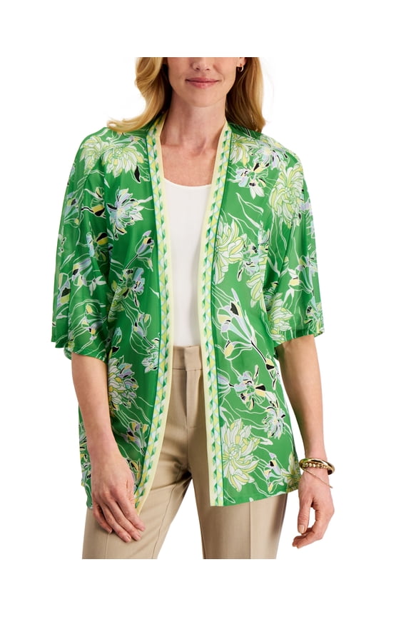 Floral-Print Open-Front Cardigan Green Emerald Combo L