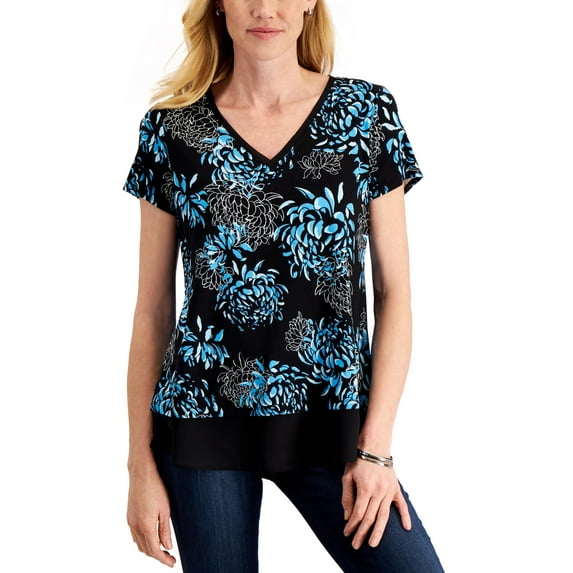 JM Collection Floral Print V Neck Top Deep Black L