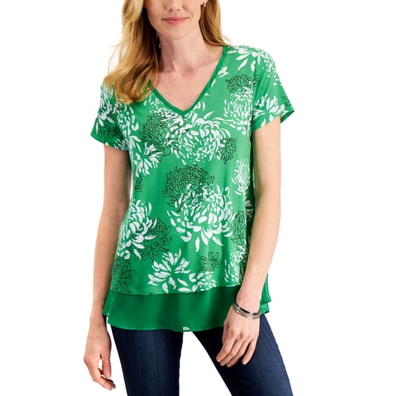 JM Collection Floral Print V Neck Top Green Emerald Combo XS
