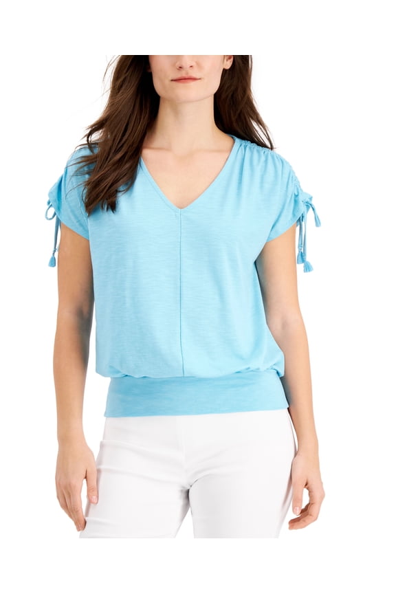 Gathered-Sleeve Top Bachelor Button Foil XL