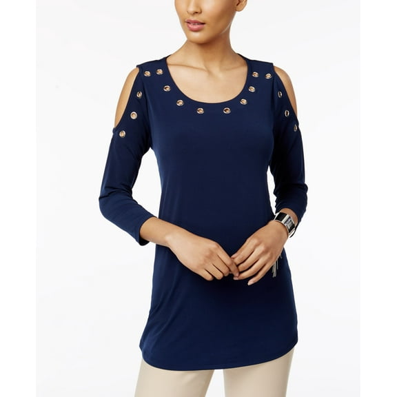 JM Collection Grommet Cold Shoulder Top Intrepid Blue S