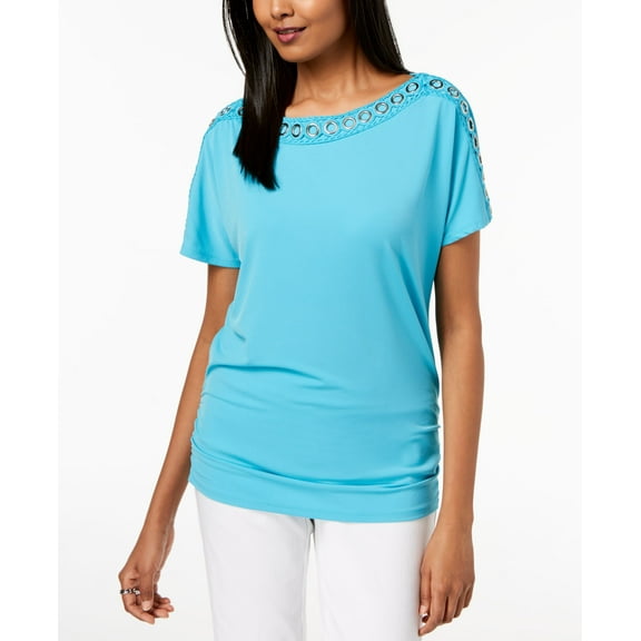 JM Collection Grommet Trim Ruched Top Reef Aqua S
