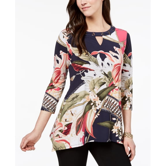 JM Collection Grommet Trimmed Keyhole Tunic Status Botanic L