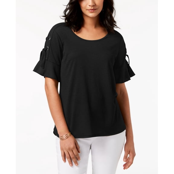 JM Collection Lace Up Ruffle Sleeve Top Deep Black S