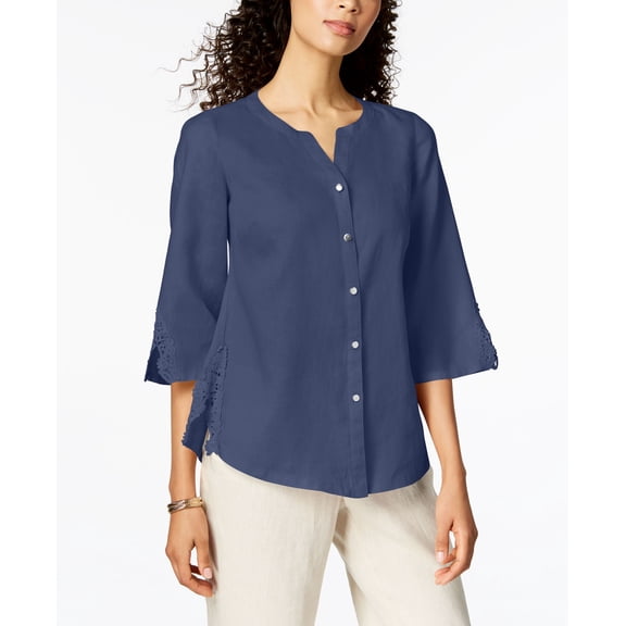 JM Collection Linen Crochet-Contrast Shirt Womens 14 Blue shirt MSRP $54