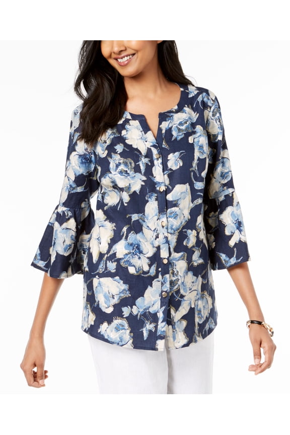 Linen Floral Print Bell Sleeve Shirt Flax Florets 8