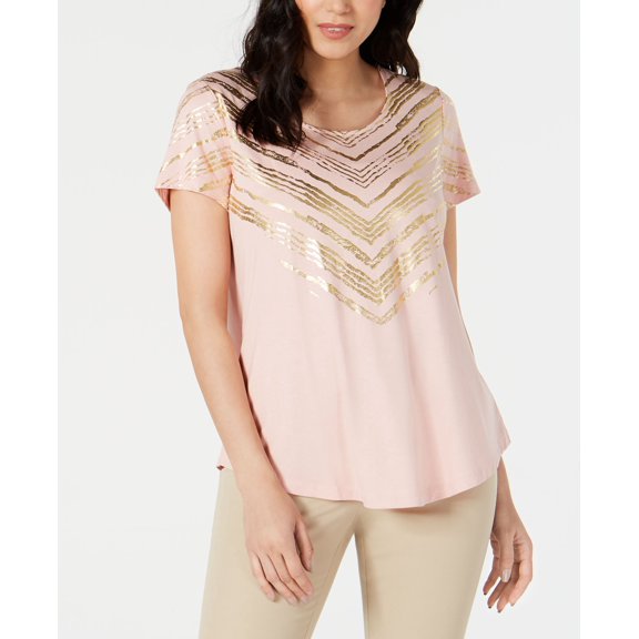 JM Collection Metallic Print Scoop Neck Top Pink Chevron Paint S