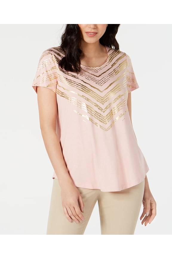 Metallic Print Scoop Neck Top Pink Chevron Paint S