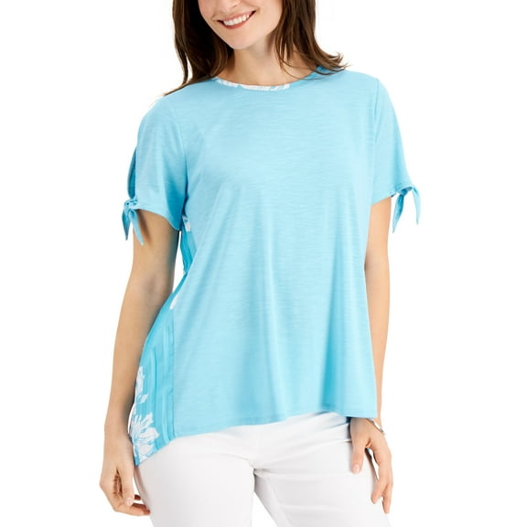 JM Collection Mixed-Media Tied-Sleeve Top bachelor button combo XL