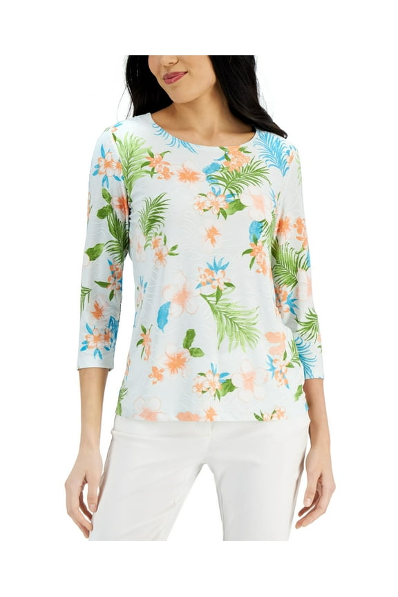 Petite 3/4 Sleeve Printed Top Clementine Orange Combo PXL