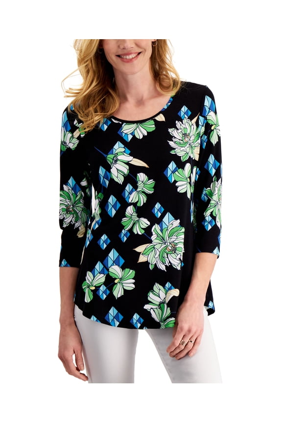 Petite 3/4 Sleeve Printed Top Deep Black Floral PXS