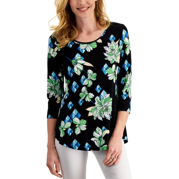 JM Collection Petite 3/4 Sleeve Printed Top Deep Black Floral PXS