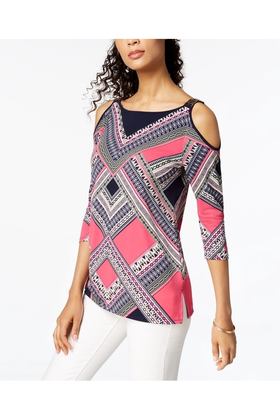 Petite Cold Shoulder Embellished Tunic Blue Stripe PXS