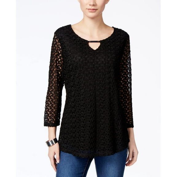 JM Collection Petite Crocheted Keyhole Blouse Deep Black PL