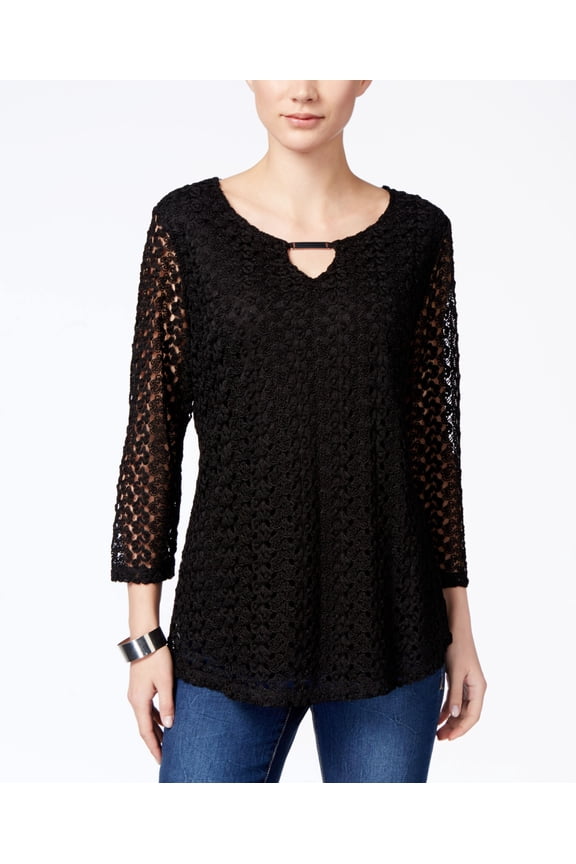 Petite Crocheted Keyhole Blouse Deep Black PL