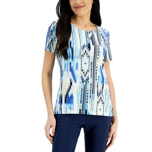 JM Collection Petite Dreamland Jacquard Knit Top Deep Cobalt Combo PL