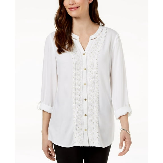 JM Collection Petite Embellished Crochet Front Shirt Bright White PL