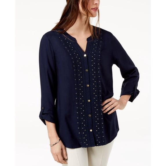 JM Collection Petite Embellished Crochet Front Shirt Intrepid Blue PM