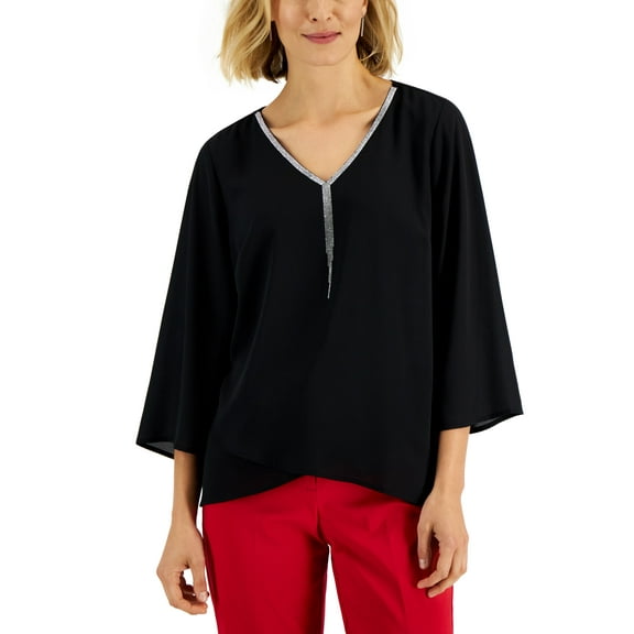 JM Collection Petite Embellished Neck Cross Over Top Deep Black PM