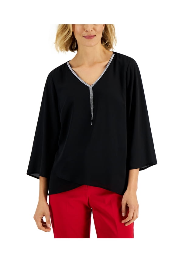 Petite Embellished Neck Cross Over Top Deep Black PM
