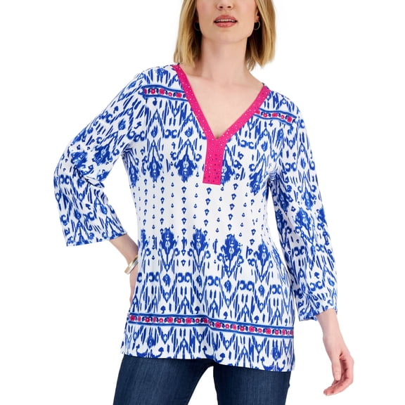 JM Collection Petite Embellished Neck Tunic Deep Cobalt Combo PXS