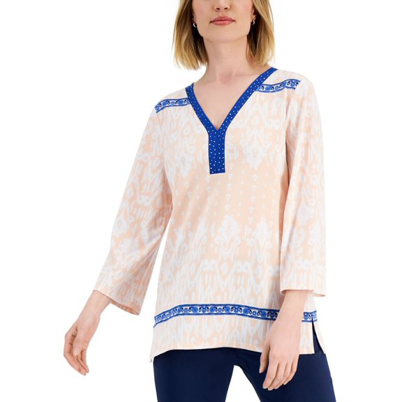 JM Collection Petite Embellished Neck Tunic Whip Peach Combo PL