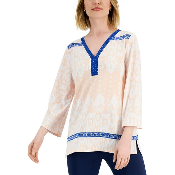 JM Collection Petite Embellished Neck Tunic Whip Peach Combo PL