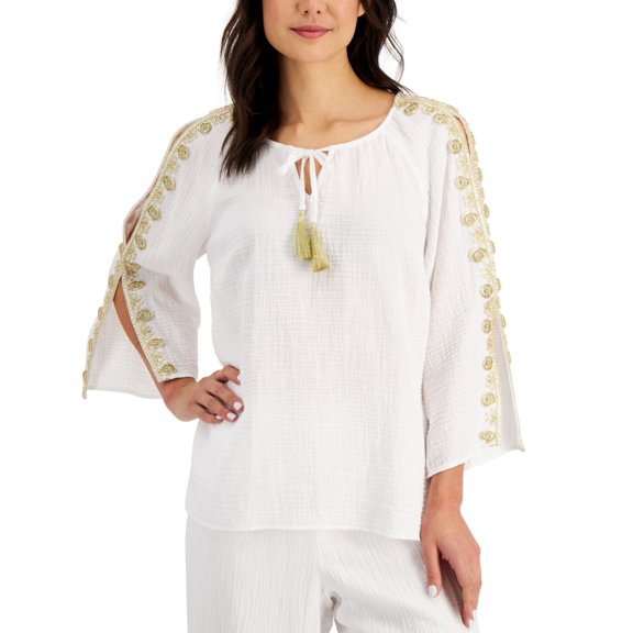 JM Collection Petite Embroidered Shoulder Tassel Top Bight White PM