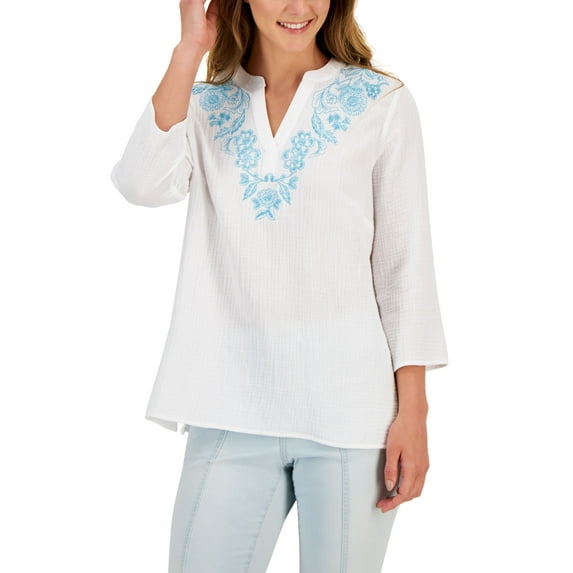 JM Collection Petite Embroidered Top Bright White PM