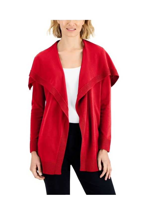Petite Envelope Neck Open Front Solid Cardigan Real Red PM