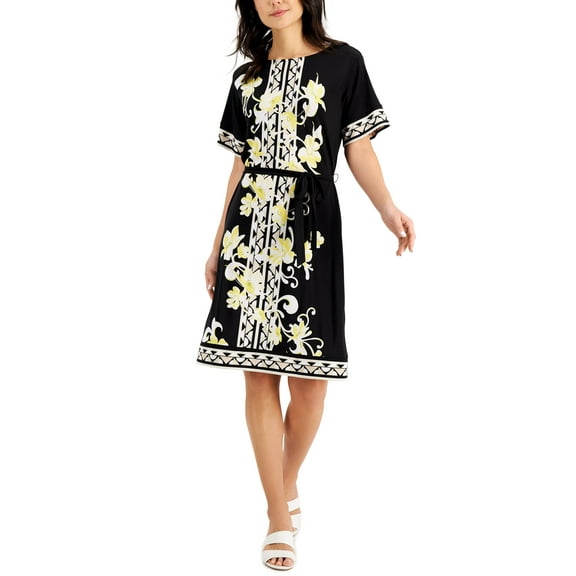 JM Collection Petite Floral Print Belted Dress Deep Black Combo PM