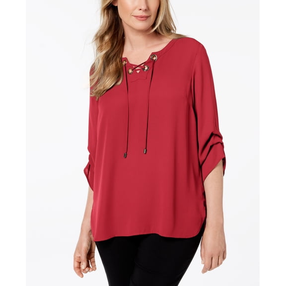 JM Collection Petite Grommet Lace Up Top Red Crystal PM