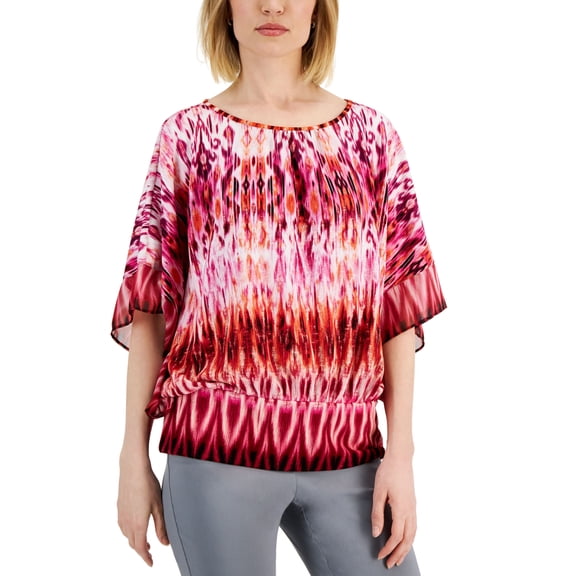 JM Collection Petite Ikat Print Jacquard Blouson Top Cherry Flame Combo PS