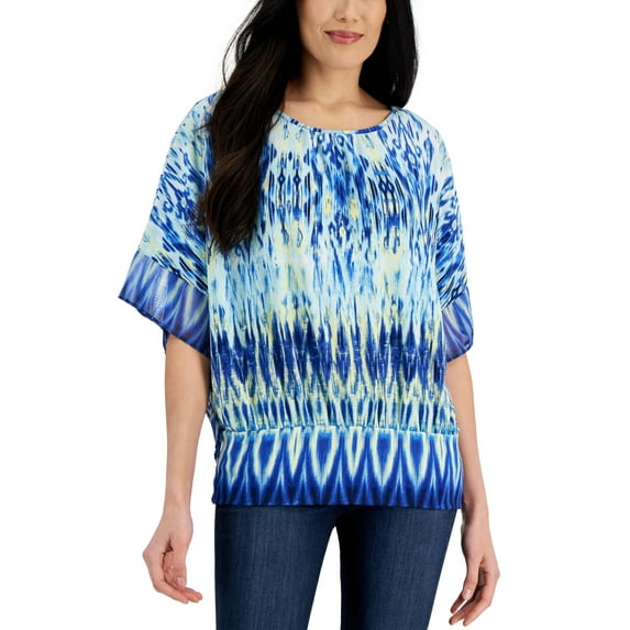 JM Collection Petite Ikat Print Jacquard Blouson Top Deep Cobalt Combo PXS